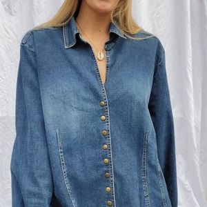 Vintage Denim Shirt, 2000s Distressed Long Sleeve Denim Shirt with Snap Buttons